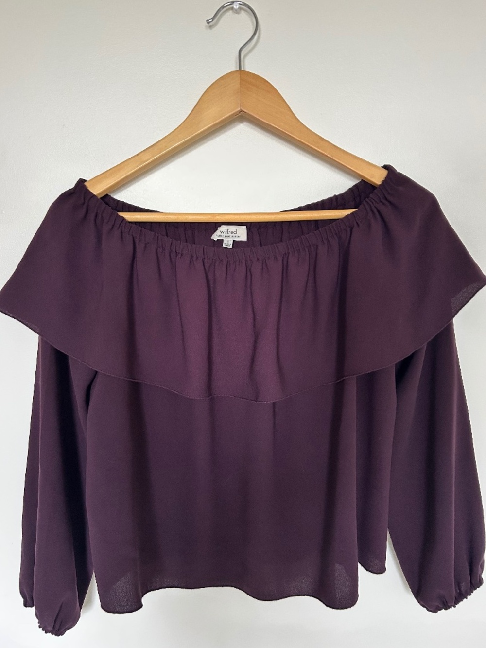 Aritzia Wilfred Burgundy Purple Off-Shoulder Ruffle Blouse Top S